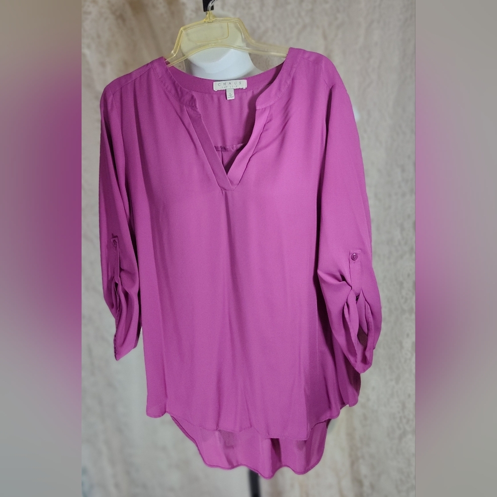 Chaus Women's Bright Magenta V-Neck Roll-Tab Blouse